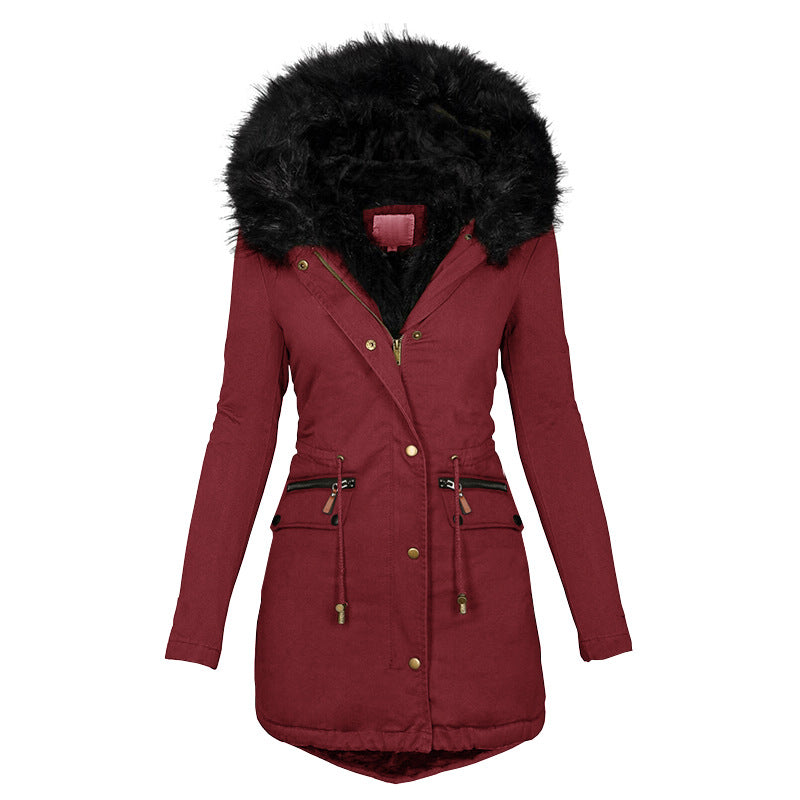 Women's Plush Hooded Parkas Winter Warm Thick Zip-up Jackets Casual Mid-length Solid Buckle Pockets Coat Outerwear Clothing SimplyOnlineShopping
