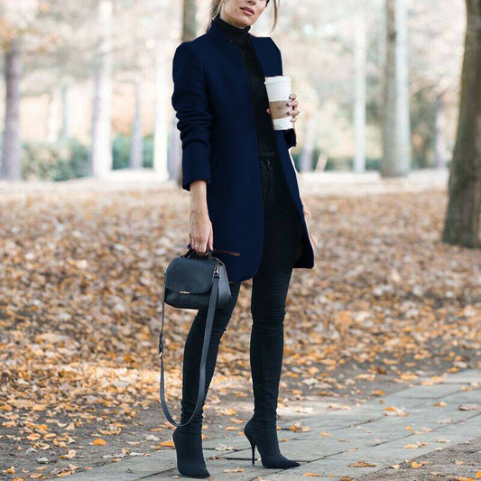 Autumn And Winter New Style European And American Fashion Solid Color Stand-Up Collar Woolen Blazer SimplyOnlineShopping