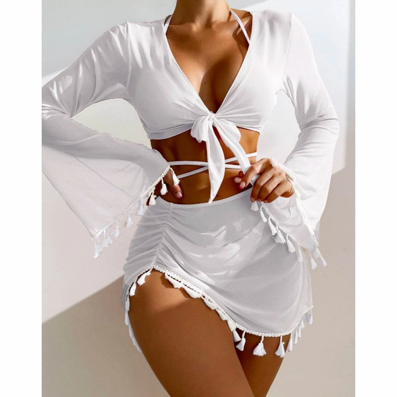 4-piece Bikini Set with Skirt & Cover-Up - Fringe