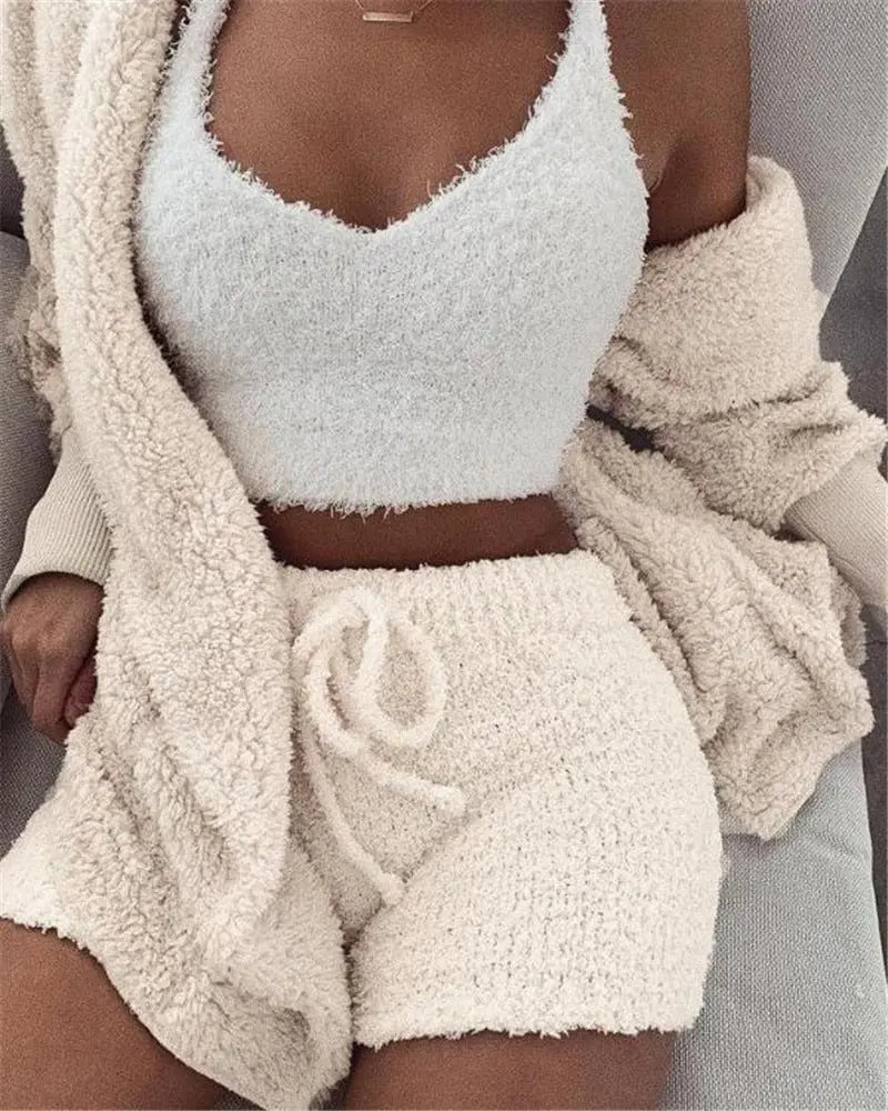 3pcs Womens Clothing Long Sleeve Crop Tank Top And Drawstring Shorts Pajama Set SimplyOnlineShopping