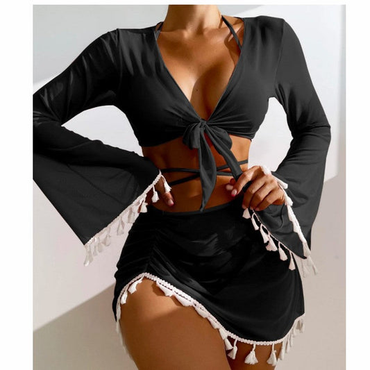 4-teiliges Bikini-Set mit Rock & Cover-Up – Fransen