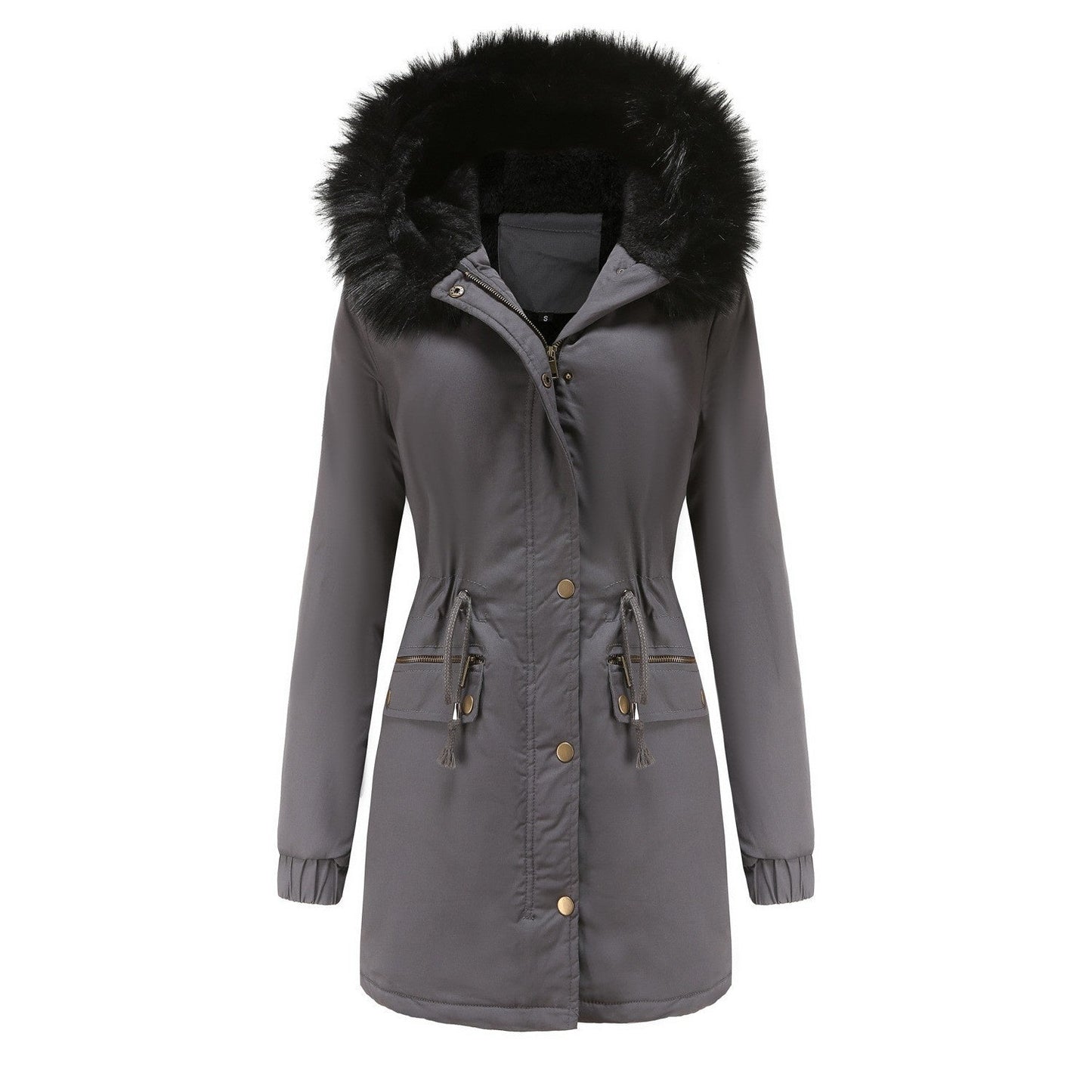 Women's Plush Hooded Parkas Winter Warm Thick  Zip-up Jackets Casual Mid-length Solid Buckle Pockets Coat Outerwear Clothing SimplyOnlineShopping