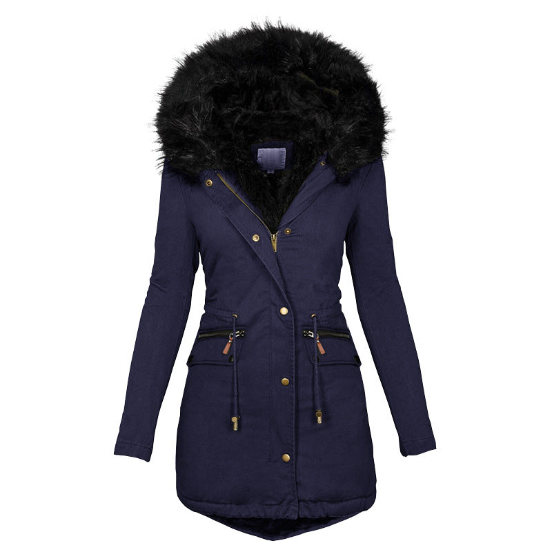 Women's Plush Hooded Parkas Winter Warm Thick  Zip-up Jackets Casual Mid-length Solid Buckle Pockets Coat Outerwear Clothing SimplyOnlineShopping