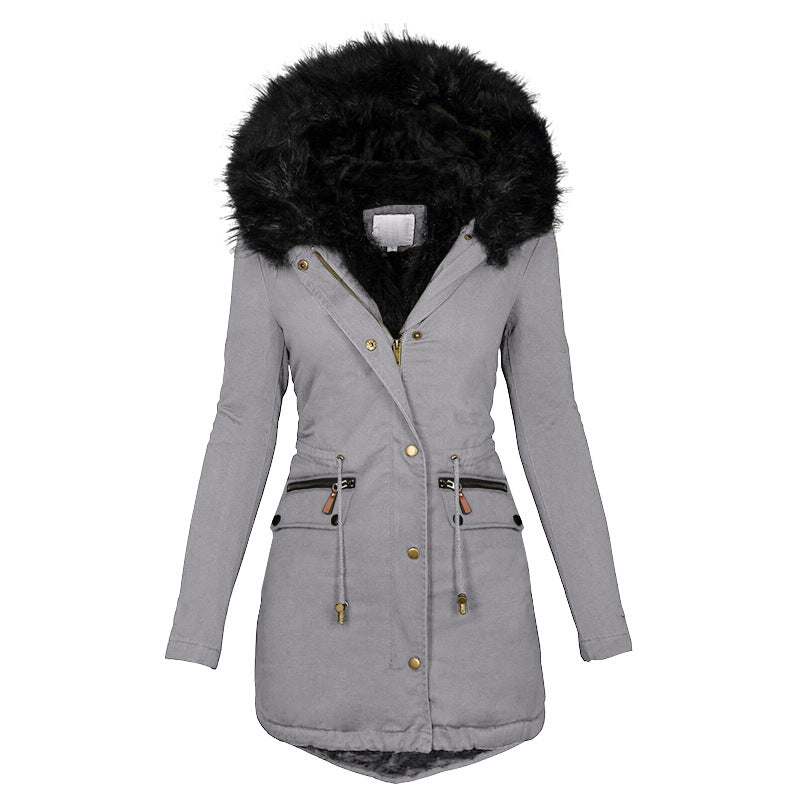 Women's Plush Hooded Parkas Winter Warm Thick  Zip-up Jackets Casual Mid-length Solid Buckle Pockets Coat Outerwear Clothing SimplyOnlineShopping