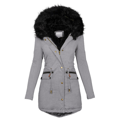 Women's Plush Hooded Parkas Winter Warm Thick  Zip-up Jackets Casual Mid-length Solid Buckle Pockets Coat Outerwear Clothing SimplyOnlineShopping