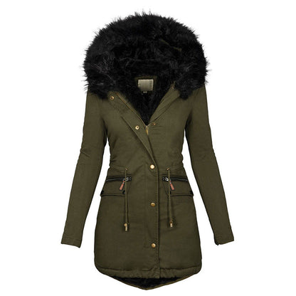 Women's Plush Hooded Parkas Winter Warm Thick  Zip-up Jackets Casual Mid-length Solid Buckle Pockets Coat Outerwear Clothing SimplyOnlineShopping