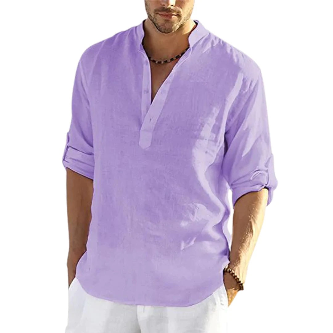 Men's Linen Long Sleeve Shirt – Stand-up Collar & Loose Fit