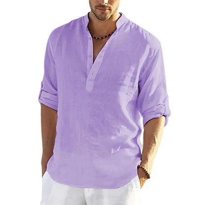 Men's Linen Long Sleeve Shirt – Stand-up Collar & Loose Fit