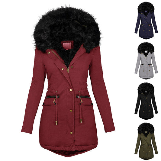 Women's Plush Hooded Parkas Winter Warm Thick  Zip-up Jackets Casual Mid-length Solid Buckle Pockets Coat Outerwear Clothing SimplyOnlineShopping