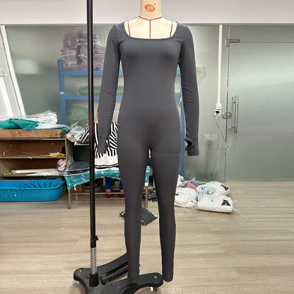 女士连身裤 修身 方领