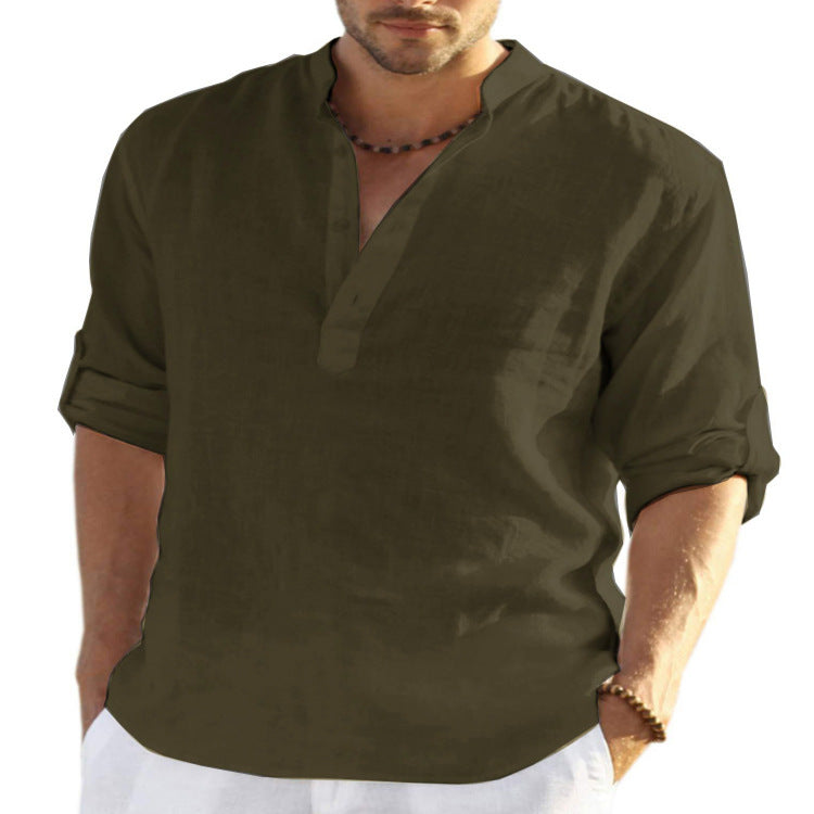Men's Linen Long Sleeve Shirt – Stand-up Collar & Loose Fit